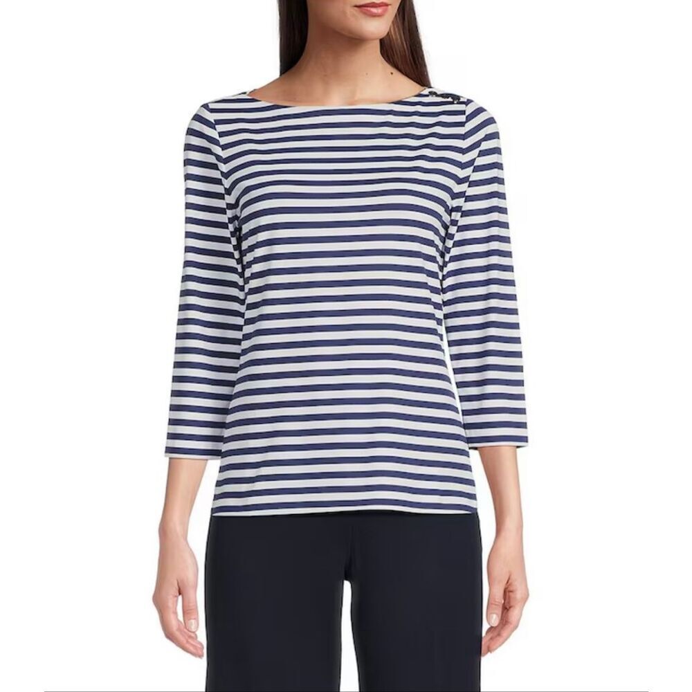 J.McLaughlin Wavesong Striped 3/4 Sleeve Button Shoulder Tee Shirt Navy Size M